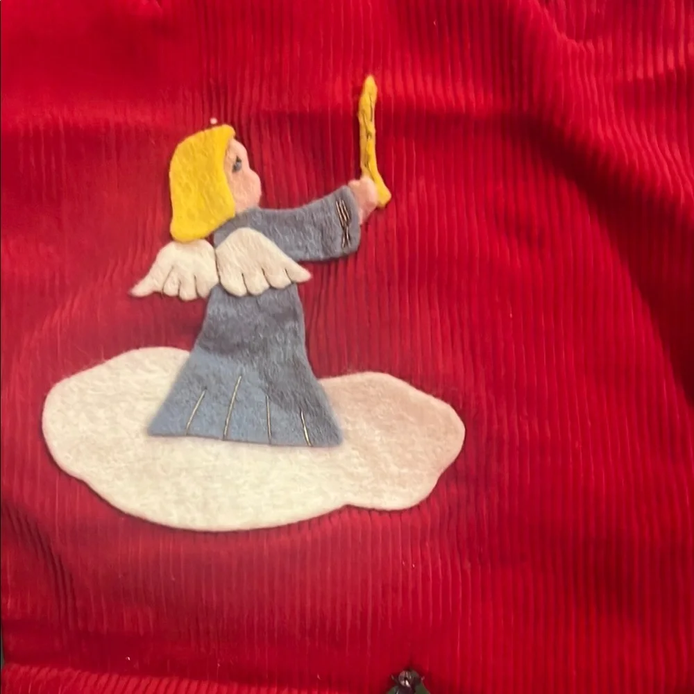 VTG Red Holiday Stocking with Felt Angel, Christmas Tree, Snowman & More